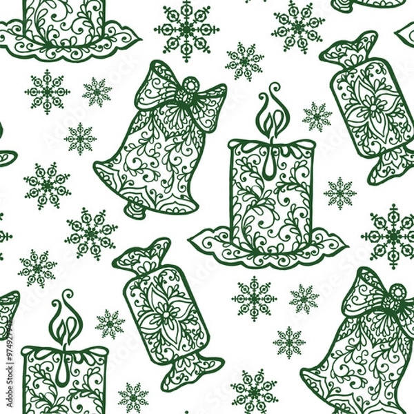 Fototapeta A decorative pattern featuring bells, candles, and snowflakes in an intricate design.