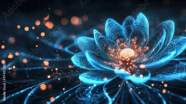 Obraz An abstract glowing flower surrounded by blue lines of data, set on a dark background with soft bokeh lights symbolizing futuristic connectivity