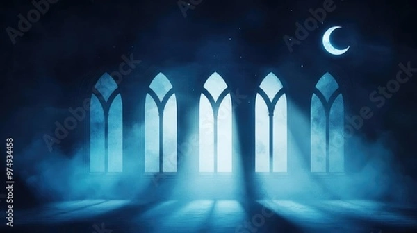 Fototapeta Ethereal scene featuring illuminated windows, mist, and a crescent moon, creating a mystical atmosphere.