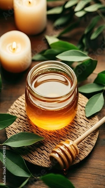 Obraz Golden honey drips from a wooden spoon into a jar, surrounded by candles and nature. This setting creates a serene and cozy atmosphere filled with sweet warmth.