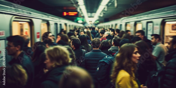 Fototapeta Busy Commuters Crowding Subway Station During Rush Hour