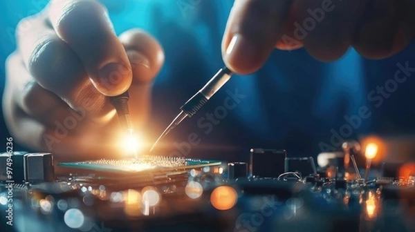 Fototapeta A close-up of a technician soldering a microchip on a circuit board, showcasing precision, technology, and electronics.