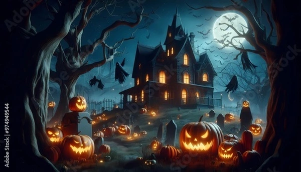 Fototapeta Halloween background with pumpkins and haunted house - 3D render. Halloween background with Evil Pumpkin. Spooky scary dark Night forrest., generative AI