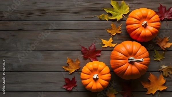 Fototapeta Pumpkins and leaves on wooden background. minimal halloween, fall banner, background with copy space