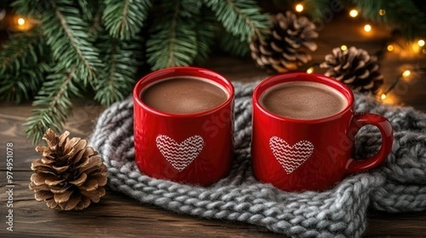 Fototapeta Two red mugs filled with hot chocolate featuring heart-shaped latte art rest on a rustic wooden table adorned with winter decorations, creating a warm and inviting atmosphere.