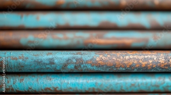 Fototapeta Close-up image of rusted blue pipes with a patina, showing signs of wear and age, providing a textured and aged, industrial aesthetic known for its visual appeal.