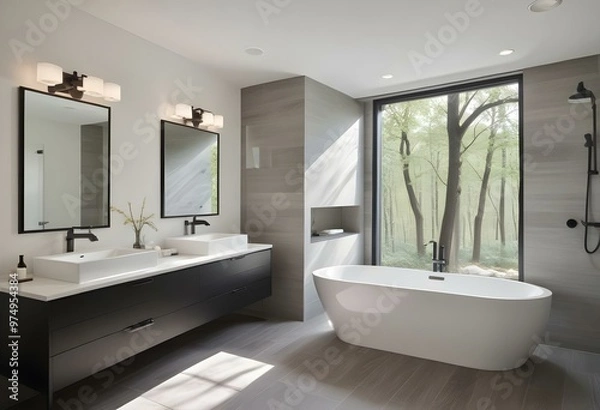 Fototapeta a bathroom with a tub and two sinks and a large window.