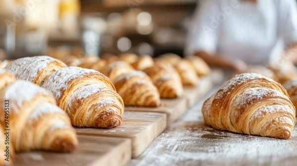 Fototapeta Golden brown croissants with a dusting of powdered sugar on top, arranged neatly in wooden trays, set within a bakery shop displaying their freshly baked goods for sale.