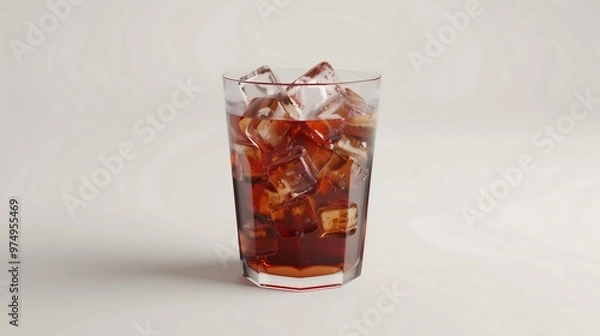 Fototapeta A glass of refreshing soda with ice cubes, capturing the cool and thirst-quenching essence of a fizzy drink.

