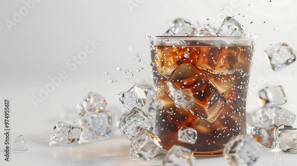 Fototapeta Glass of cold soda with ice cubes, presenting a refreshing, fizzy beverage perfect for cooling down on a hot day.
