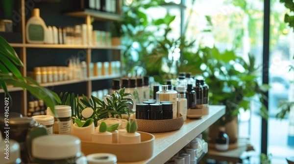 Fototapeta A store showcases natural cosmetics, surrounded by lush green plants and neatly arranged jars, creating a calming shopping experience for customers