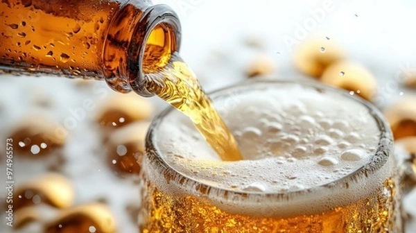 Fototapeta Refreshing golden beer pours from a bottle into a frosty glass, showcasing bubbly effervescence and a spirited atmosphere.