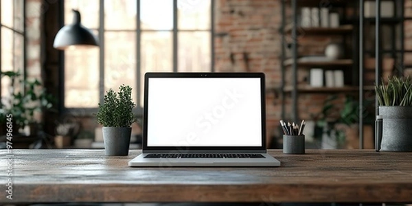 Fototapeta A modern workspace featuring a laptop on a wooden desk with plants and stationery, emphasizing productivity and creativity.