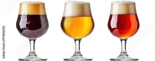 Fototapeta A selection of craft beers in elegant glasses showcasing rich colors and frothy tops, perfect for any beer enthusiast or event.