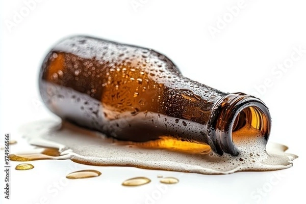 Fototapeta An empty brown beer bottle lies tipped over on a surface, surrounded by spilled foam and droplets, symbolizing a party aftermath.