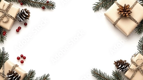Fototapeta A blank white card sits surrounded by festive pine branches, colorful gift boxes, and pine cones, creating a perfect setting for holiday wishes and greetings