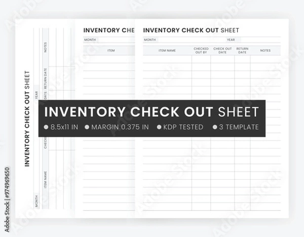 Obraz Inventory Check Out Sheet Template, Inventory Check Out Form Vector, Product Inventory, Small Business Inventory Management Notebook Printable