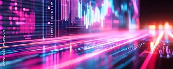 Fototapeta AI ecosystem analytics, dynamic data dashboards, neon data streams, sleek interface