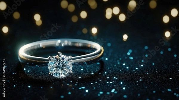 Fototapeta A dazzling diamond ring is showcased against a rich black background, highlighted by a bokeh effect, creating a luxurious and elegant atmosphere with ample space for text