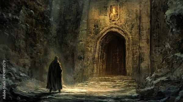Fototapeta A hooded figure stands before a grand, ancient stone archway.
