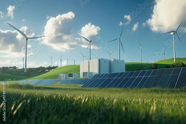 Fototapeta Modern battery energy storage system with wind turbines and solar in grass fields
