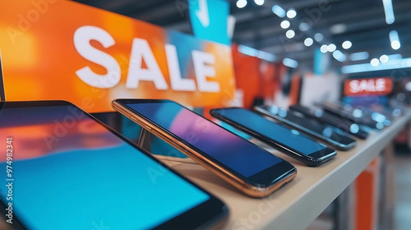 Fototapeta Electronics store sale display with smartphones and tablets on showcase, highlighting discount offers and modern technology retail, ideal for e-commerce and tech ads.