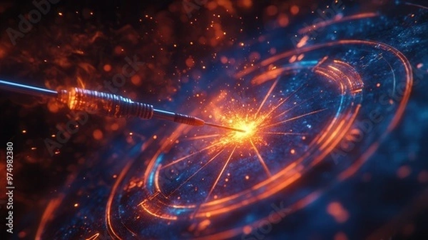 Fototapeta Illustration of a glowing dart hitting the target with sparks and vivid light effects emphasizing precision and accuracy in a digital image vibrant orange and blue color scheme