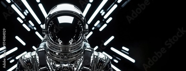 Obraz Person head in futuristic astronaut suit standing in the center of symmetrical spaceship structure. World Space Week. Space exploration and travel, future technologies. Design for banner, copy space. 