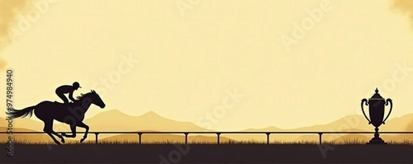 Fototapeta Silhouette of horse rider on pastel beige racetrack. Horseman racing to the cup. Melbourne Cup concept. Handicap sports competitions. Vintage sepia postcard style. Design for banner with copy space.