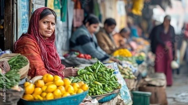 Obraz Vendors display colorful fruits and vegetables while shoppers explore the lively market