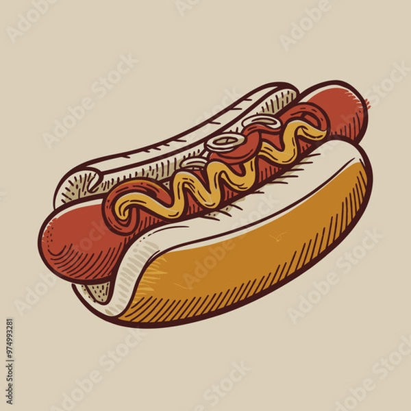 Fototapeta Vector Illustration of a Hotdog with Mustard on White Background