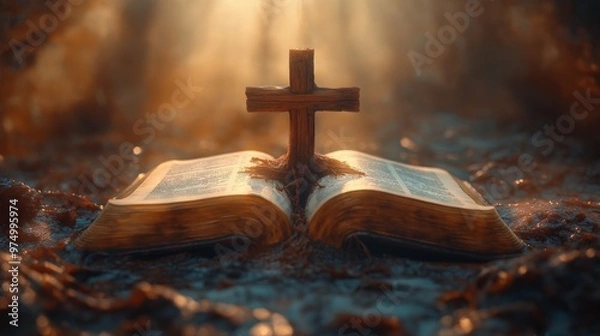 Fototapeta Open Bible with a Wooden Cross Growing from Its Pages in Warm Sunlight