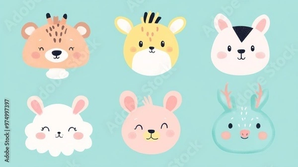 Obraz Digital design doodles set of cute animal faces in pastel colors, simple shapes on pastel blue background, cute and friendly faces of various animals such as bears etc.