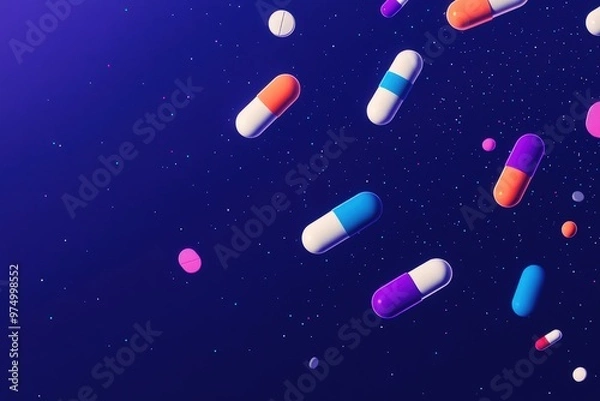 Obraz Different types of pills fall on the table. On a blue background.Filmed on a high-speed camera. Beautiful simple AI generated image