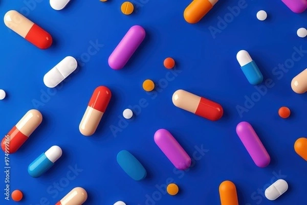 Fototapeta Pills in capsules and white whole and crushed pills on a blue background. . Concept of medicine. Close-up. Beautiful simple AI generated image