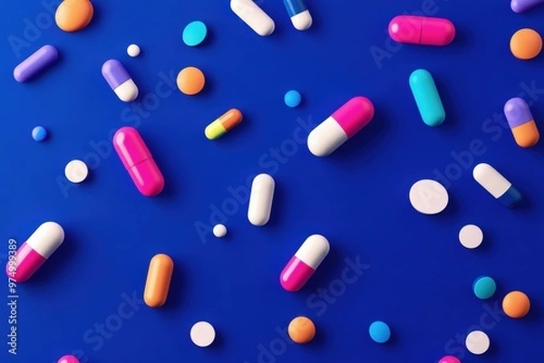 Fototapeta Falling multi-colored pills on a blue background, top view.. Beautiful simple AI generated image