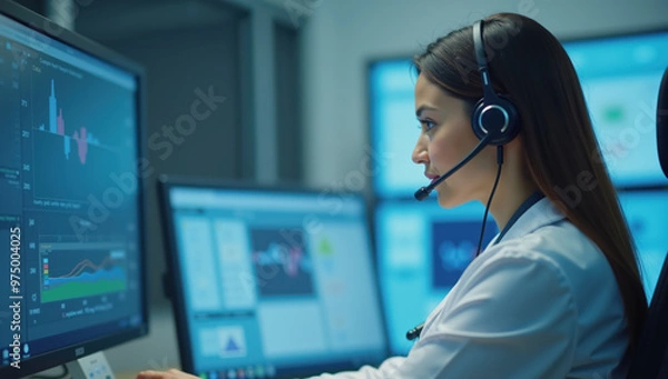 Fototapeta Female doctor analyzing data on multiple screens during telemedicine session, wearing headset for virtual consultations
