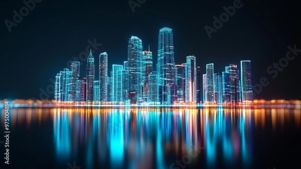 Fototapeta Digital Abu Dhabi skyline, hologram skyscraper projection, futuristic UAE