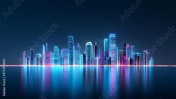 Fototapeta Digital Abu Dhabi skyline, hologram skyscraper projection, futuristic UAE
