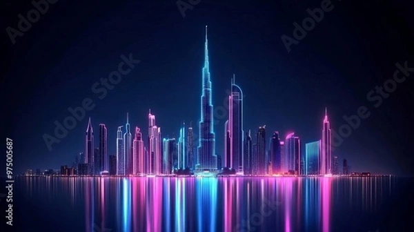 Fototapeta Digital Burj Khalifa, virtual skyscraper projection, neon skyline, advanced Dubai