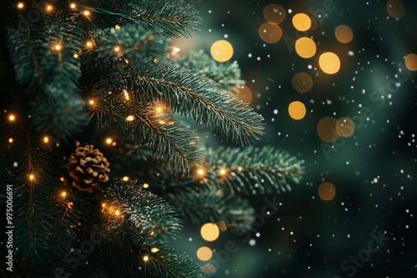 Fototapeta Blurred Christmas tree background with glowing bokeh lights, soft warm light