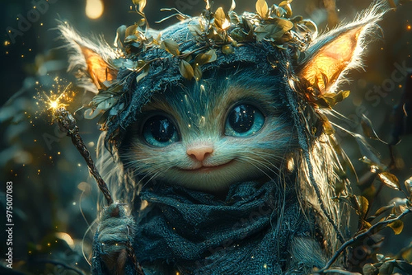 Fototapeta A playful imp with a crooked smile and a tiny wand, causing harmless mischief in a moonlit forest. Concept of impish fun and magic.
