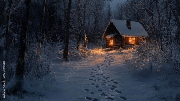 Fototapeta A Cozy Cabin Illuminated in a Snowy Forest at Night