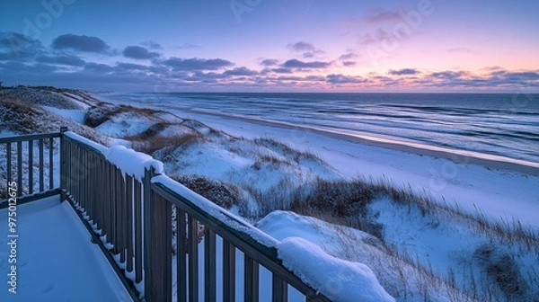 Obraz Serene Winter Sunrise from Beachside Balcony with Icy Landscape