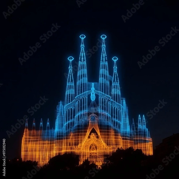Fototapeta Hologram Sagrada Familia, digital projection on basilica, neon lights, futuristic Barcelona