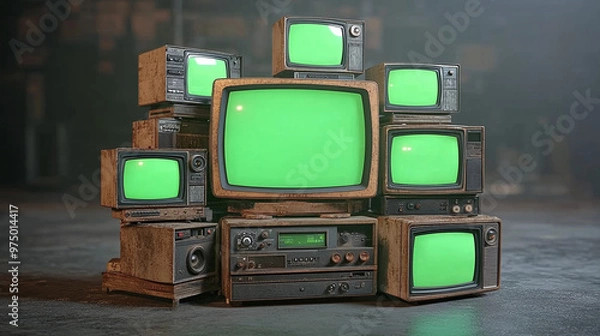 Obraz artistic 3d rendered composition stack old classic television with green screen monitors random positions in empty room dynamic composition cinematic lighting video element chroma key video element