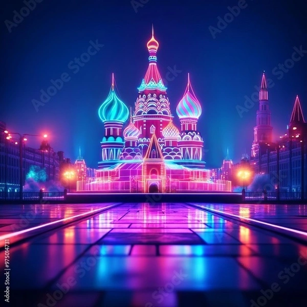 Fototapeta Holographic Red Square, digital projection, futuristic Moscow, neon city lights