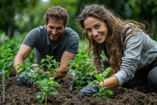 Fototapeta A couple planting a garden together, working side by side and smiling. Concept of teamwork and growth.