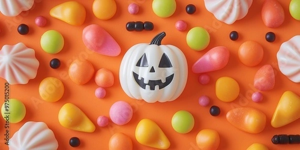 Fototapeta A white pumpkin with a jack-o'-lantern face surrounded by colorful candies arranged artistically on an orange background.