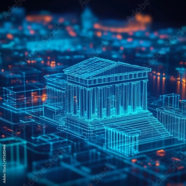Fototapeta Virtual Acropolis, glowing holographic ruins, augmented reality Athens skyline